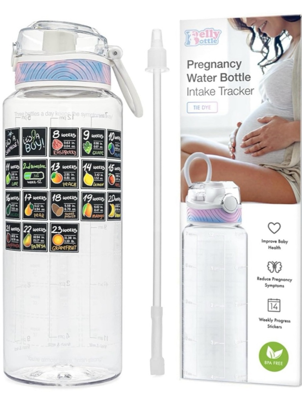 Pregnancy Water Bottle Intake Tracker - Tie Dye Pink/Blue